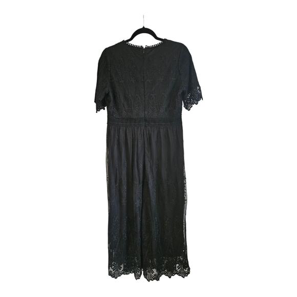 Wren and Ivory Dress Size LG Black Mesh Lace Overlay Lined Scalloped Hem S/S - Picture 2 of 10